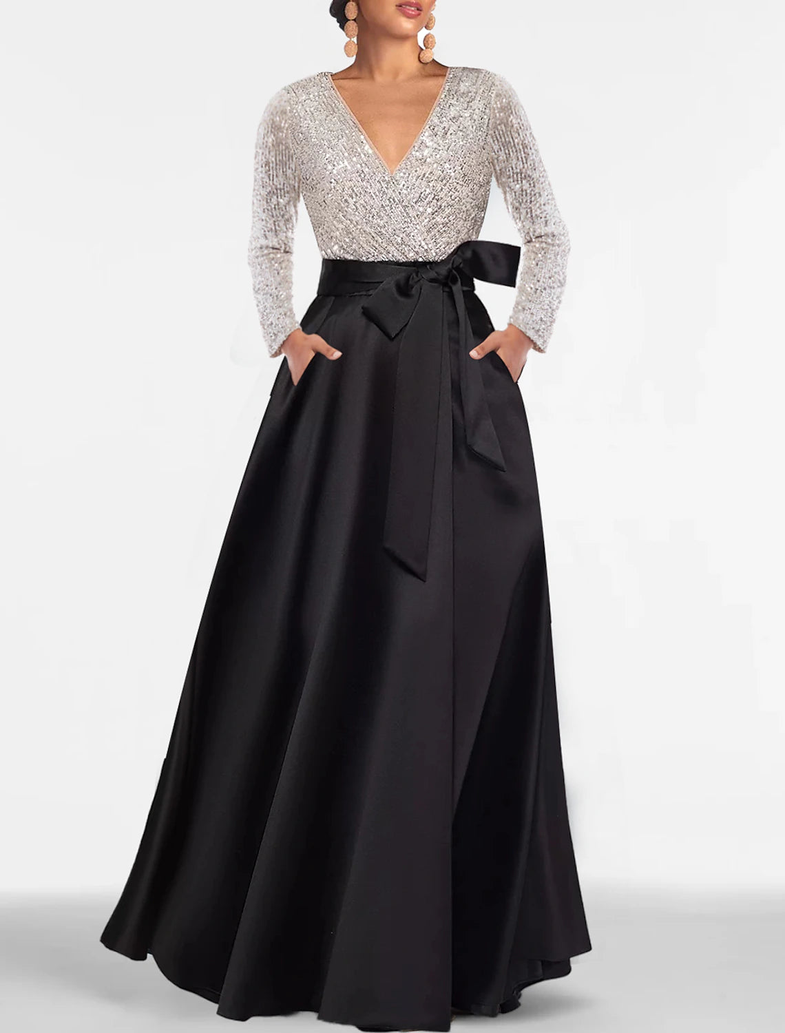 A-Line Evening Gown Black Dress Plus Size Color Block Dress Formal Floor Length Long Sleeve V Neck Fall Wedding Guest Satin with Sequin Pocket 2025